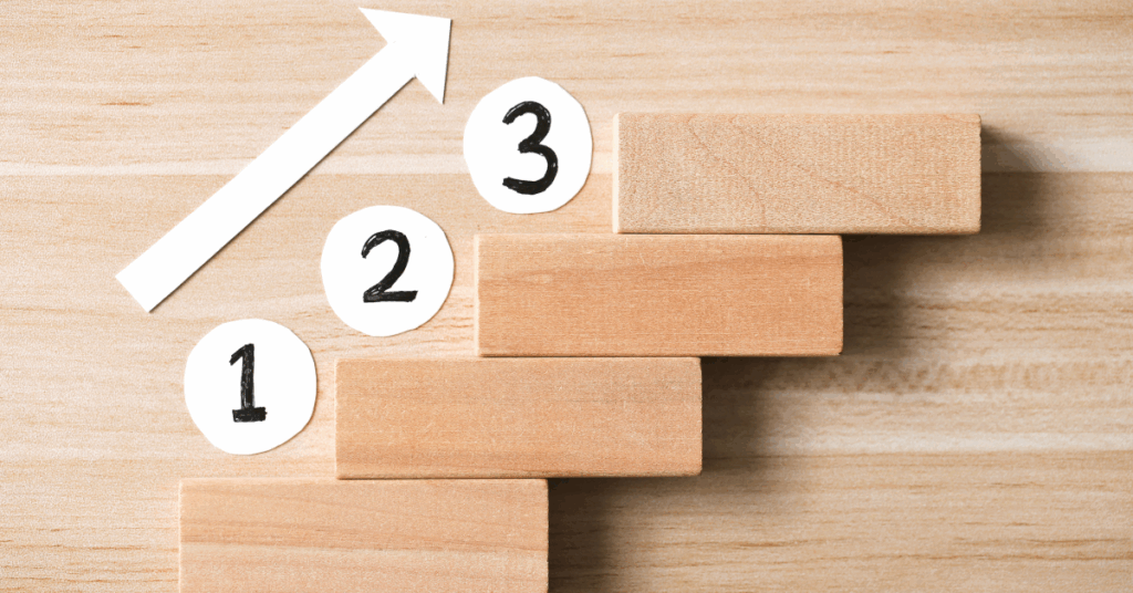 wooden steps numbered "1, 2, 3"