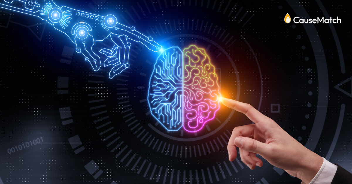 An artificial hand and a human hand pointing at a brain that is half technology-half human
