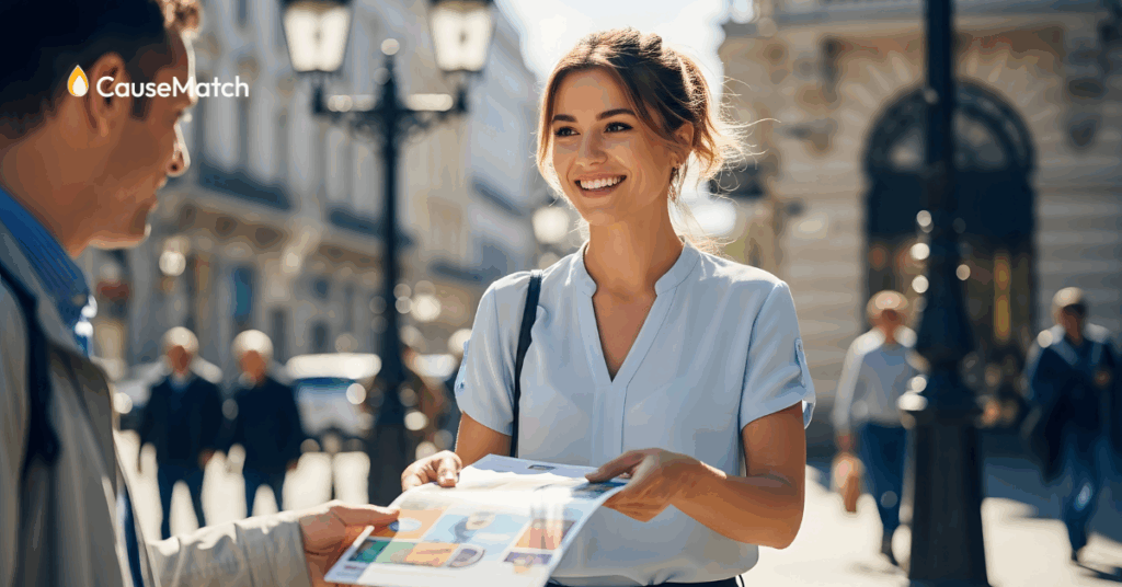 Women handing a man a flier
