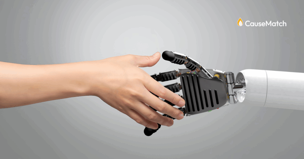Hand of a human shaking robot hand signaling friendship and partnership
